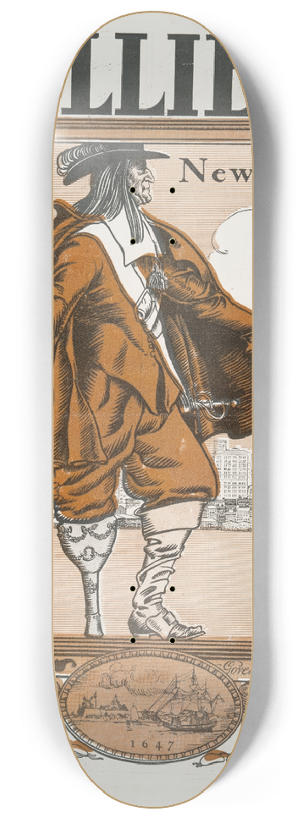 Edward Penfield - Colliers Greater New York, Petrus Stuyvesant, Governor of New Amsterdam, 1647 8.25 inch art skate deck