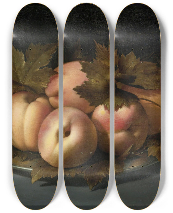 Triptych art skateboard deck of Panfilo Nuvolone A Still Life Of Peaches On A Pewter Plate by Panfilo Nuvolone (1581-1651)