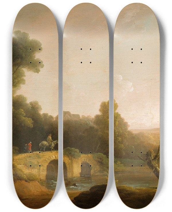 Triptych art skateboard deck of John Rathbone Landscape With Figures Crossing A Bridge by John Rathbone (1750-1807)