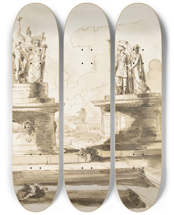 Triptych art skateboard deck of Felice Giani Two Sculptures On Pedestals by Felice Giani (1758-1823)