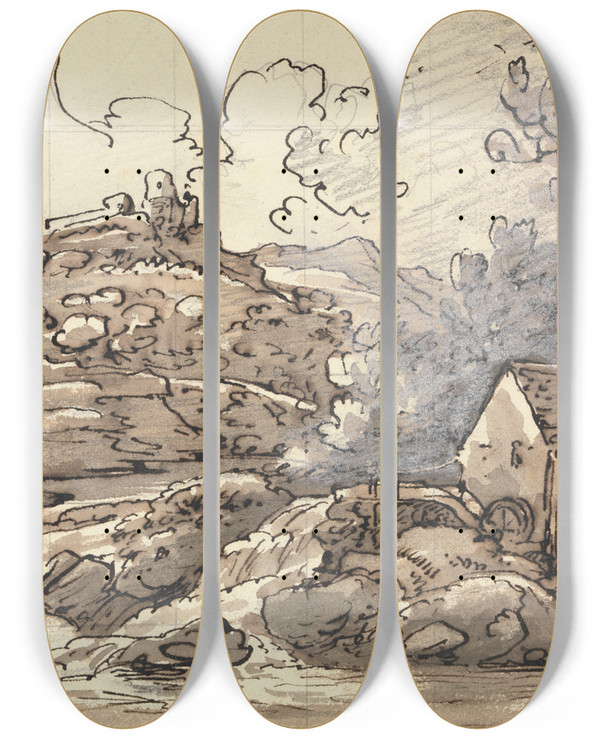Triptych art skateboard deck of Joseph Farington A Mill By A Waterfall by Joseph Farington (1747-1821)