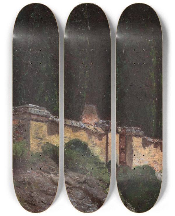 Triptych art skateboard deck of Karl Hofmann Cypresses by Karl Hofmann (1852-1926)