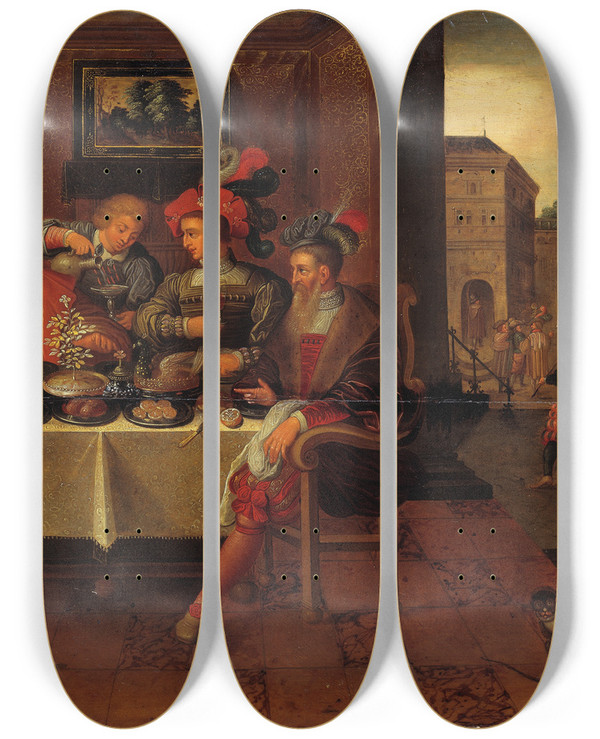 Triptych art skateboard deck of School Of Frans Francken I The Rich Man And Lazarus by School Of Frans Francken I (1542-1616)