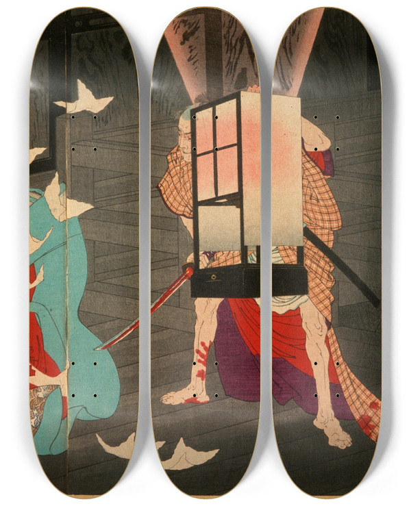 Triptych art skateboard deck of Tsukioka Yoshitoshi Sano Jirzaemon Murdering A Courtesan by Tsukioka Yoshitoshi (1839-1892)