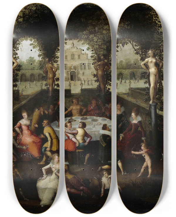Triptych art skateboard deck of Louis De Caullery Venus Bacchus And Ceres With Mortals In A Garden Of Love by Louis de Caullery (1580-1621)