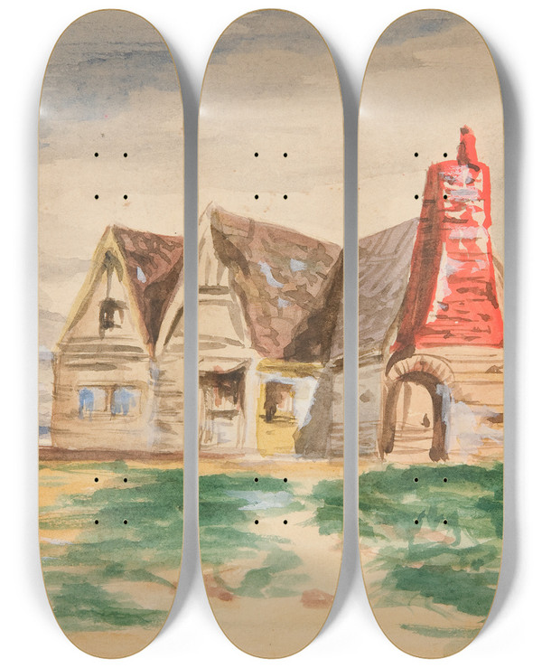 Triptych art skateboard deck of Edwin Austin Abbey Sketch Of A Countrycottage by Edwin Austin Abbey (1852-1911)