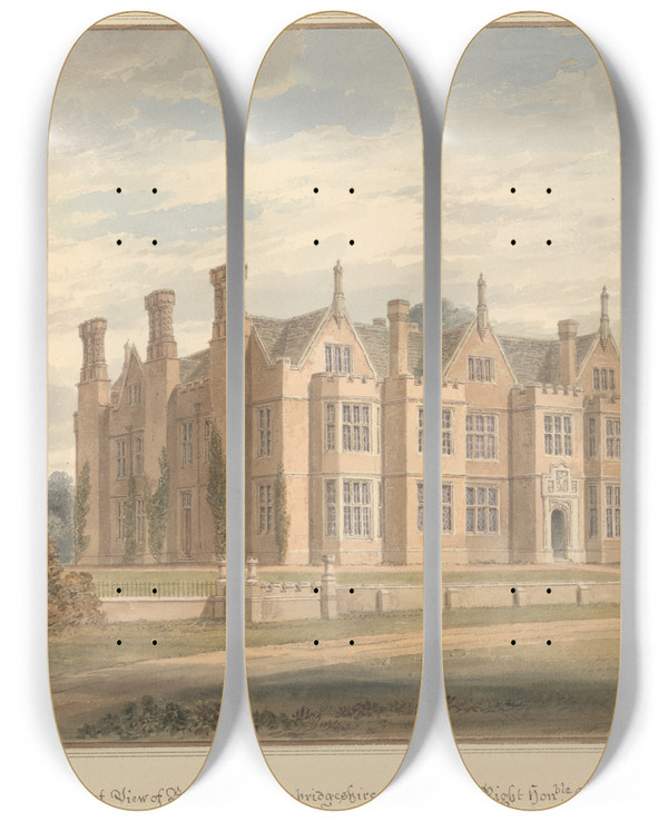Triptych art skateboard deck of John Buckler South East View Of Bourn Hall Cambridgeshire The Seat Of The Right Honble Earl Delawarr by John Buckler (1770-1851)