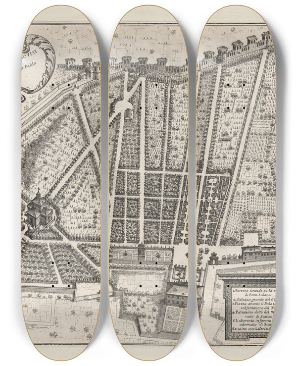 Triptych art skateboard deck of Giovanni Battista Falda Li Giardini Di Roma Con Le Loro Piante Alzate E Vedvte In Prospettiva Pl11 by Giovanni Battista Falda (1643-1678)