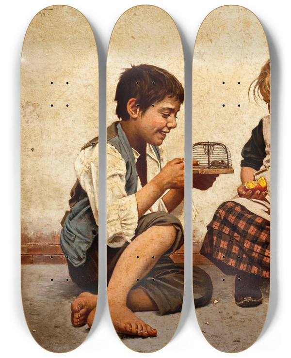 Triptych art skateboard deck of Giulio Del Torre The New Pet by Giulio del Torre (1856-1932)