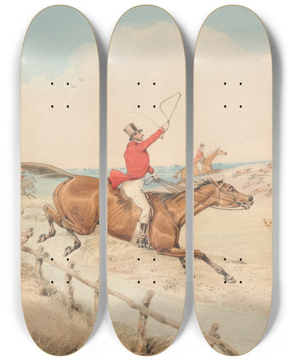 Triptych art skateboard deck of Henry Thomas Alken Jumping A Low Rail And A Brook by Henry Thomas Alken (1785-1851)