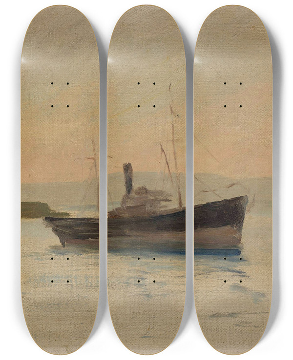 Triptych art skateboard deck of Jan Cigliski Ship On The Black Sea From The Journey To Constantinople by Jan Ciaglinski (1858-1913)