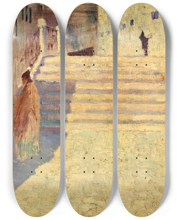 Triptych art skateboard deck of Frank Edwin Scott Femmes Pres Des Escaliers No Ii by Frank Edwin Scott (1863-1929)