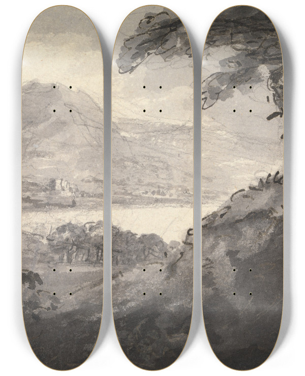 Triptych art skateboard deck of William Gilpin Mountainous Landscape With A Lake by William Gilpin (1724-1804)