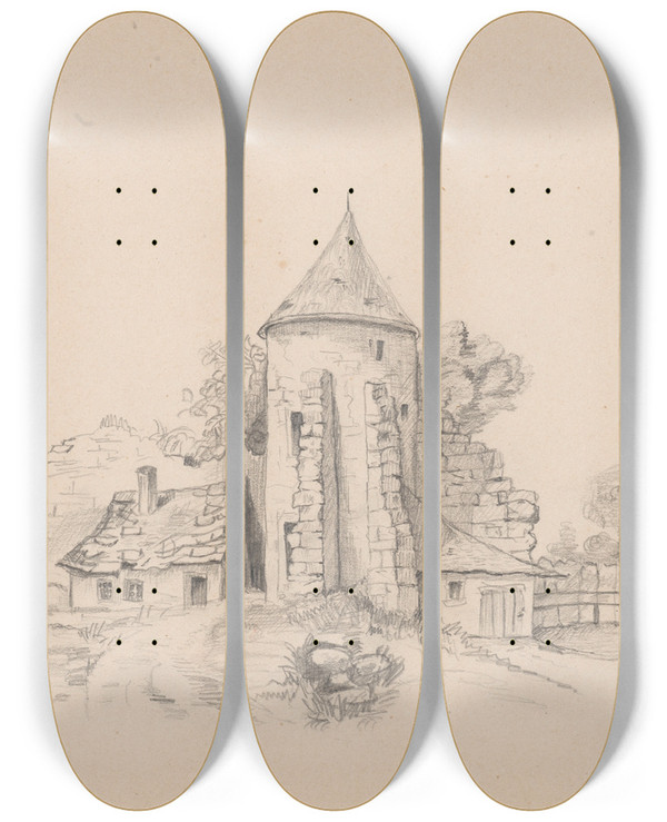 Triptych art skateboard deck of Stanisaw Wyspiaski Ruins Of A Castle Wall With Tower by Stanislaw Wyspianski (1869-1907)