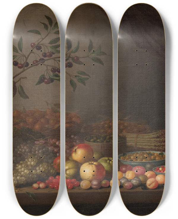 Triptych art skateboard deck of Floris Van Schooten Fruit Basket by Floris Van Schooten (1590-1655)