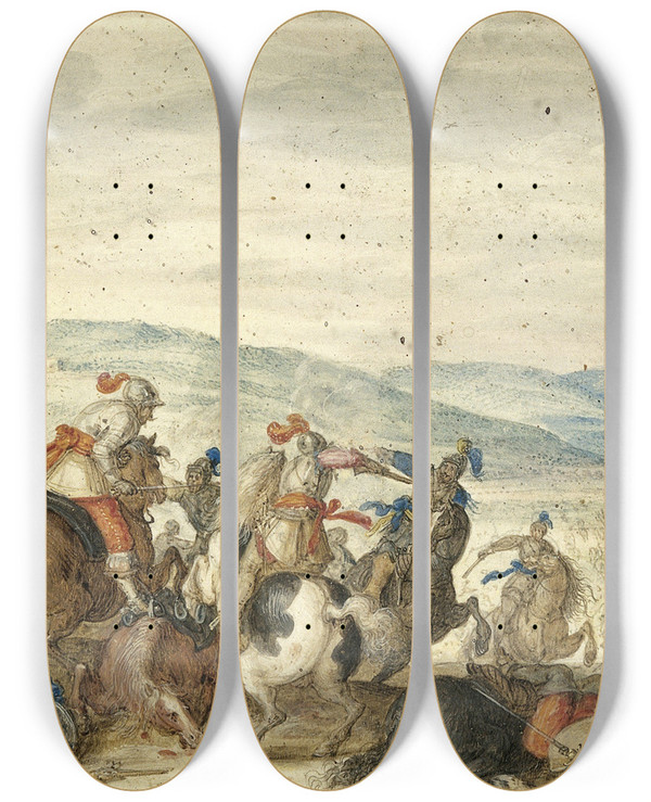 Triptych art skateboard deck of Bartholomus Dietterlin Cavalry Skirmish Mountainous Landscape by Bartholomaus Dietterlin (1609-1624)