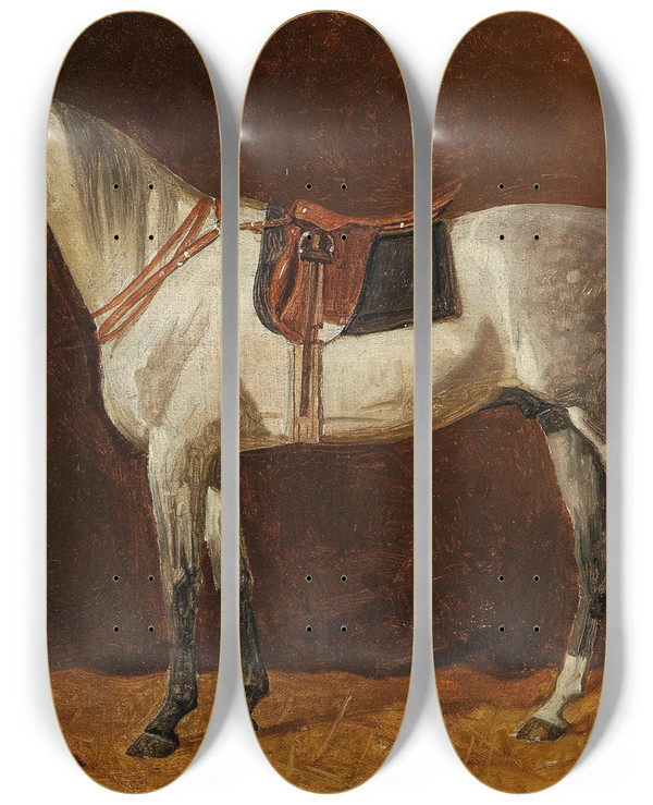 Triptych art skateboard deck of Emil Volkers A Saddled White Horse In A Stable by Emil Volkers (1831-1905)