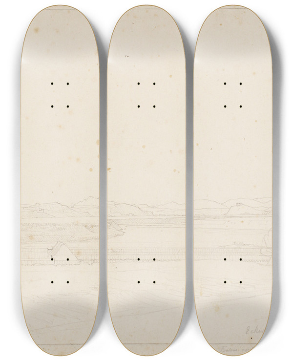 Triptych art skateboard deck of Christoffer Wilhelm Eckersberg Parti Ved Fontana Acetosa Udsigt Fra Fontnen Nord For Rom Over Tiberen Mod Nord by Christoffer Wilhelm Eckersberg (1783-1853)