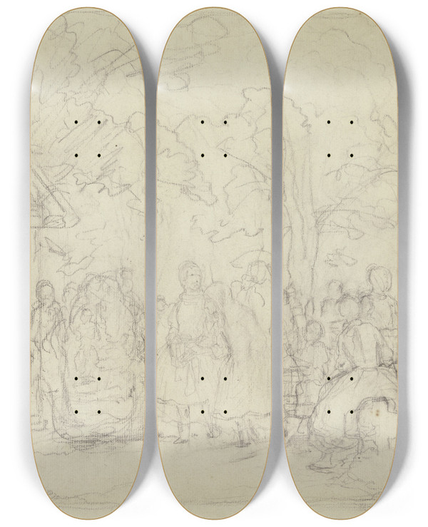 Triptych art skateboard deck of Jakob Becker Consecration Of A Peasant Church by Jakob Becker (1810-1872)