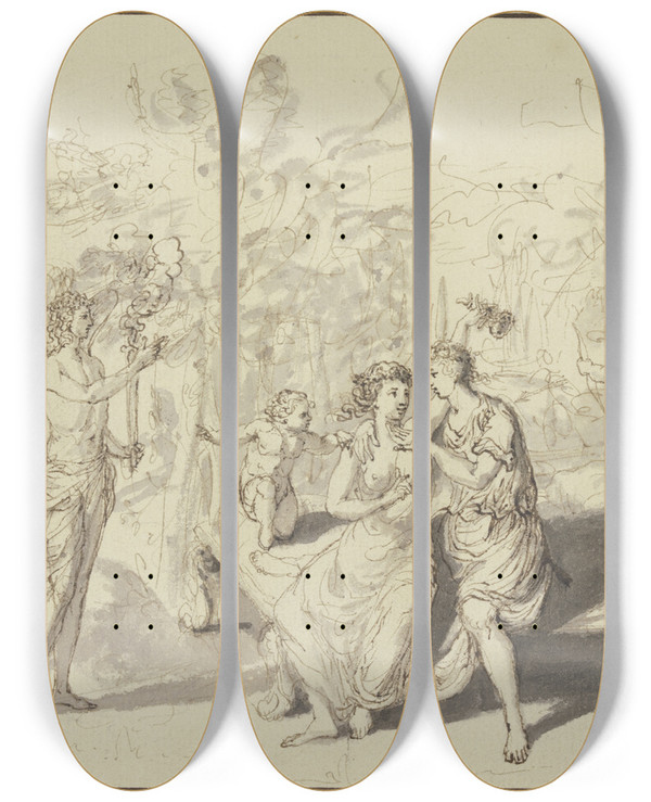 Triptych art skateboard deck of Pieter Tanj Liebespaar Mit Genius Und Putten by Pieter Tanje (1706-1761)