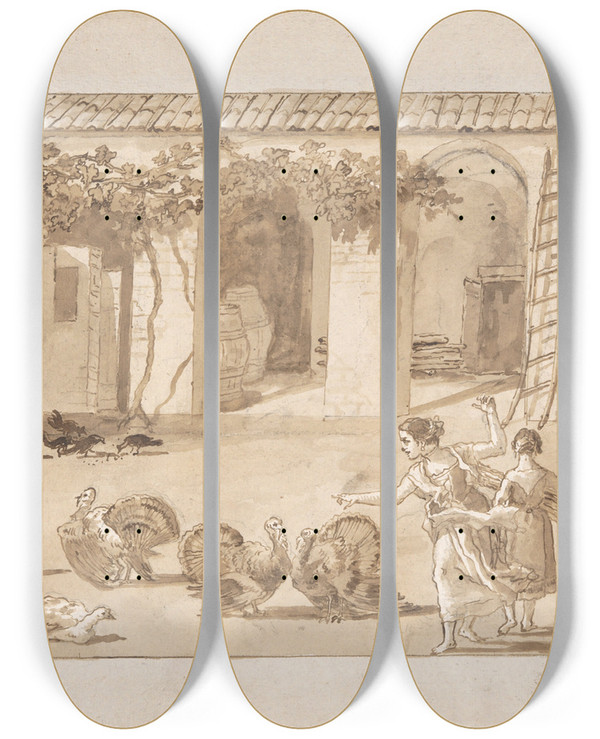 Triptych art skateboard deck of Giovanni Domenico Tiepolo Turkeys In A Venetian Farmyard The Third Drawing In Tiepolos Series Of 59 Scenes Of Contemporarylife by Giovanni Domenico Tiepolo (1727-1804)