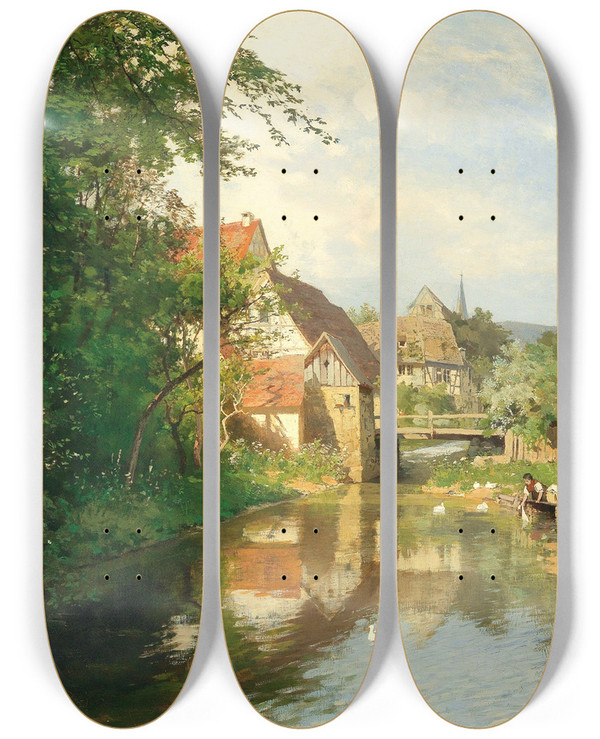 Triptych art skateboard deck of Hugo Darnaut A Village By The River by Hugo Darnaut (1850-1937)