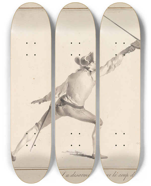 Triptych art skateboard deck of James Gwin Du Desarmement Sur Le Coup De Tierce by James Gwin (1720-1769)