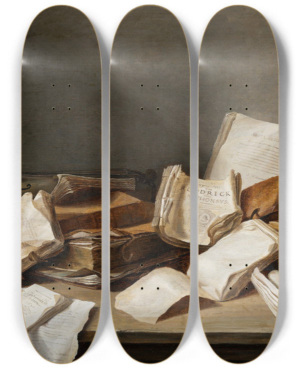 Triptych art skateboard deck of Jan Davidsz De Heem Still Life With Books And A Violin by Jan Davidsz de Heem (1606-1684)