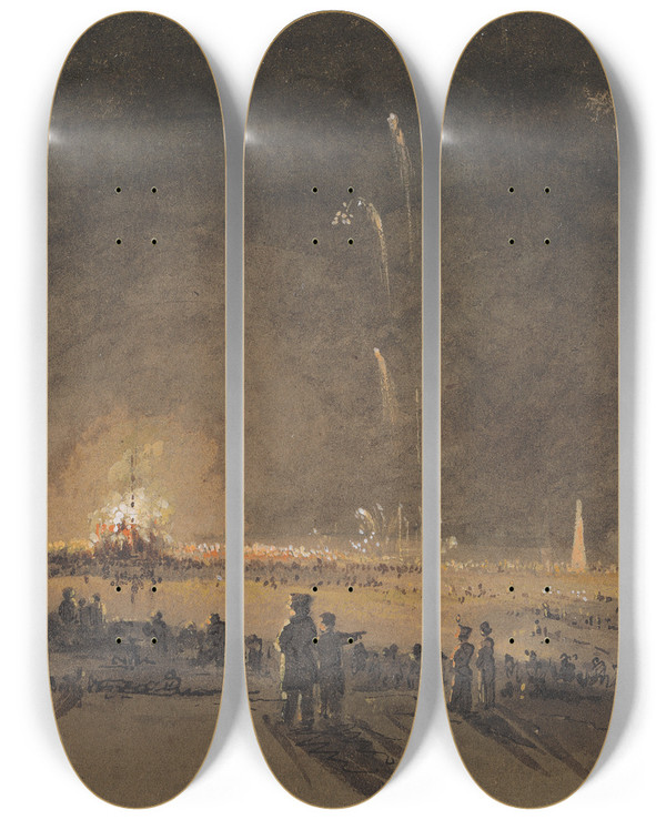 Triptych art skateboard deck of John Wilson Carmichael A Fireworks Display by John Wilson Carmichael (1800-1868)