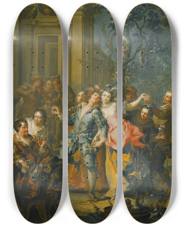 Triptych art skateboard deck of Johann Georg Platzer An Elegant Company Making Merry Outside A Palace by Johann Georg Platzer (1704-1761)