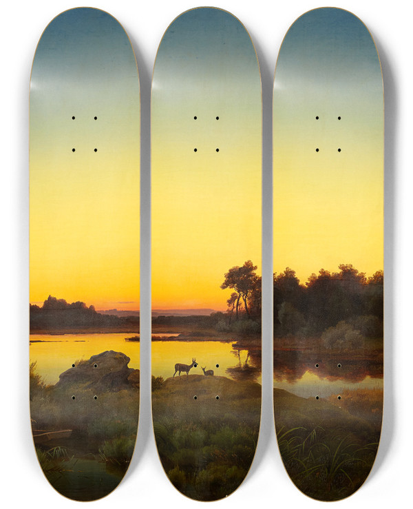Triptych art skateboard deck of Anton Zwengauer Landscape With Deer At Sunset by ANTON ZWENGAUER (1810-1884)