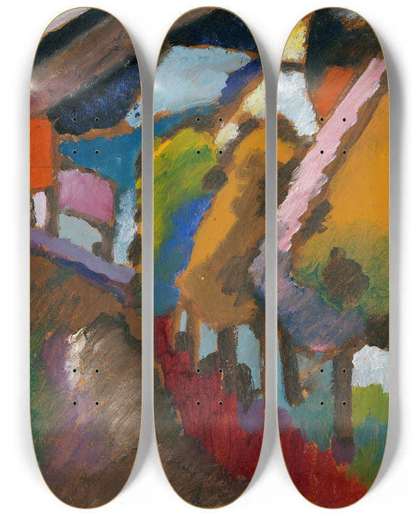 Triptych art skateboard deck of Wassily Kandinsky Murnau Castle And Church by Wassily Kandinsky (1866-1944)
