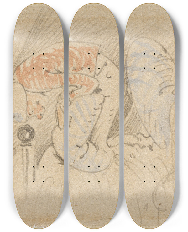 Triptych art skateboard deck of Wilhelm Busch Die Gestrte Aber Glcklich Wieder Errungene Nachtruhe Der Floh 8 by Wilhelm Busch (1832-1908)