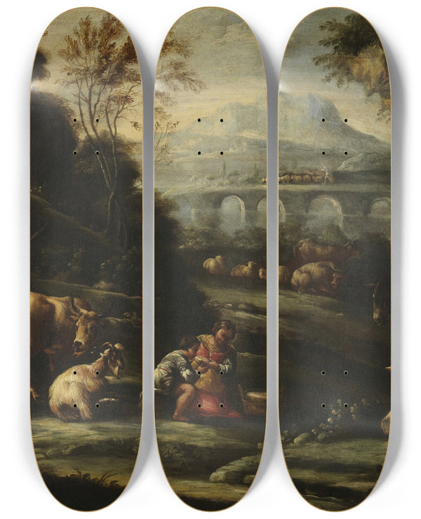 Triptych art skateboard deck of Philipp Peter Roos Landscape by Philipp Peter Roos (1657-1706)