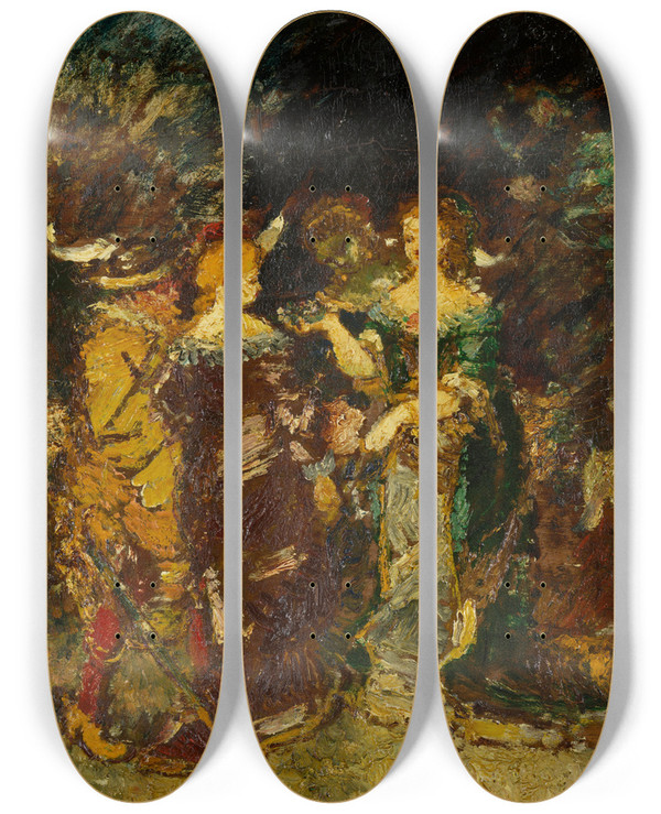 Triptych art skateboard deck of Adolphe Monticelli In The Park by Adolphe Monticelli (1824-1886)