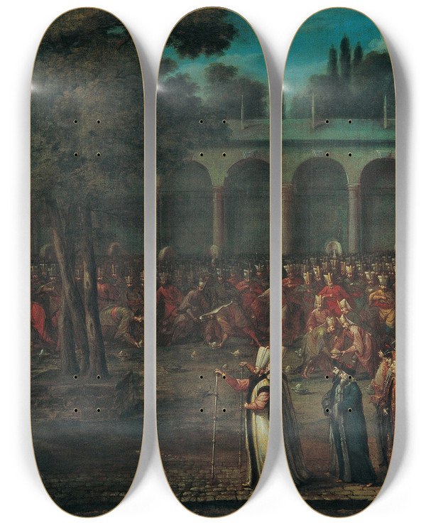 Triptych art skateboard deck of Jean Baptiste Vanmour The Ambassadorial Delegation Passing Through The Second Courtyard Of The Topkap Palace by Jean Baptiste Vanmour (1671-1737)