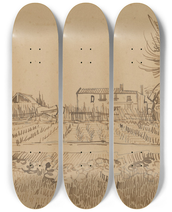 Triptych art skateboard deck of Vincent Van Gogh Ploughman In The Fields Near Arles by Vincent van Gogh (1853-1890)