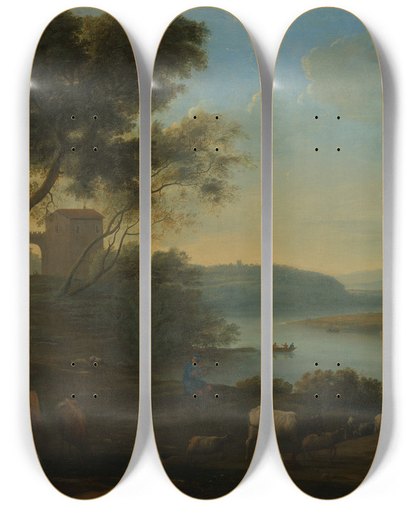 Triptych art skateboard deck of Claude Lorrain Pastoral Landscape The Roman Campagna by Claude Lorrain (1604-1682)