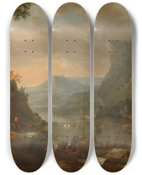 Triptych art skateboard deck of Herman Saftleven River View In A Mountainous Region by Herman Saftleven (1609-1685)