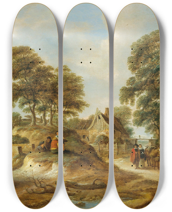 Triptych art skateboard deck of Nicolaes Molenaer Travellers And Peasants In Front Of An Inn by Nicolaes Molenaer (1626-1676)