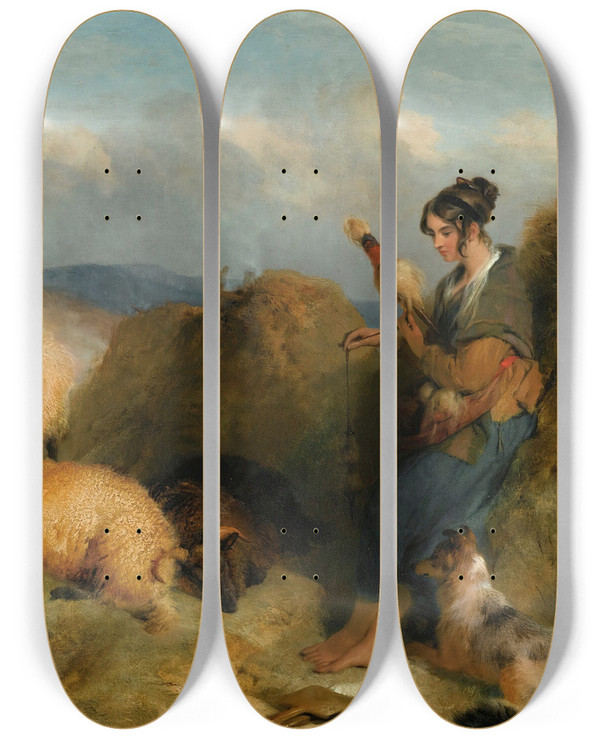 Triptych art skateboard deck of Sir Edwin Henry Landseer Lassie Herding Sheep by Sir Edwin Henry Landseer (1802-1873)