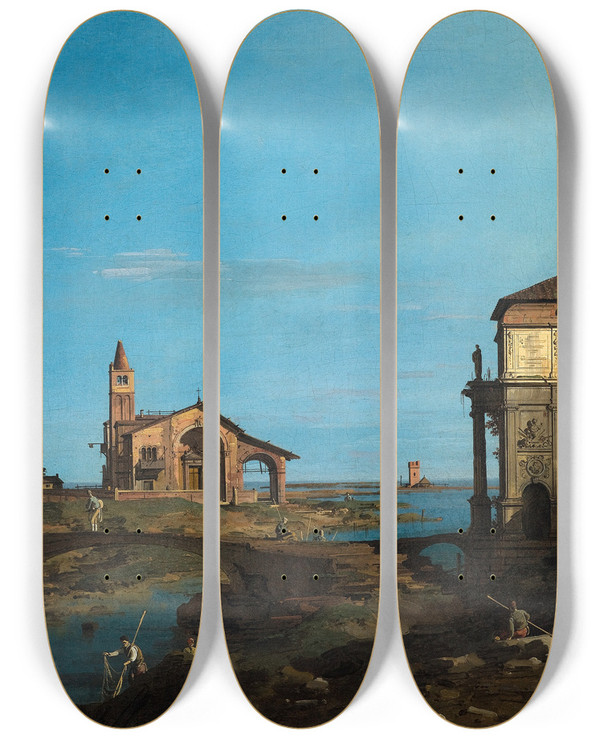 Triptych art skateboard deck of Canaletto An Island In The Lagoon With A Gateway And A Church by Canaletto (1697-1768)
