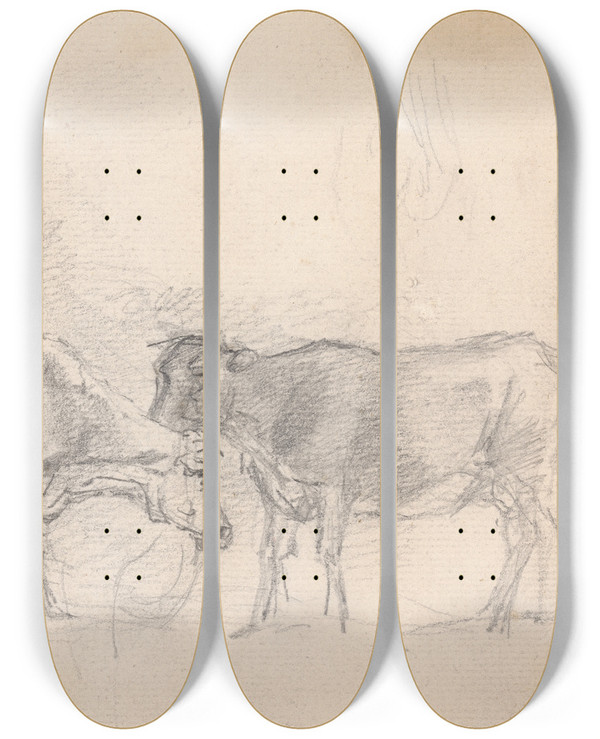 Triptych art skateboard deck of Sawrey Gilpin Two Cows Grazing by Sawrey Gilpin (1733-1807)