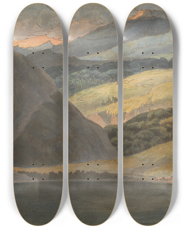 Triptych art skateboard deck of Francis Towne View On Lake Maggiore At Evening by Francis Towne (1739-1816)