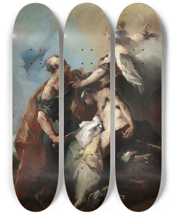 Triptych art skateboard deck of Francesco Guardi The Sacrifice Of Isaac by Francesco Guardi (1712-1793)