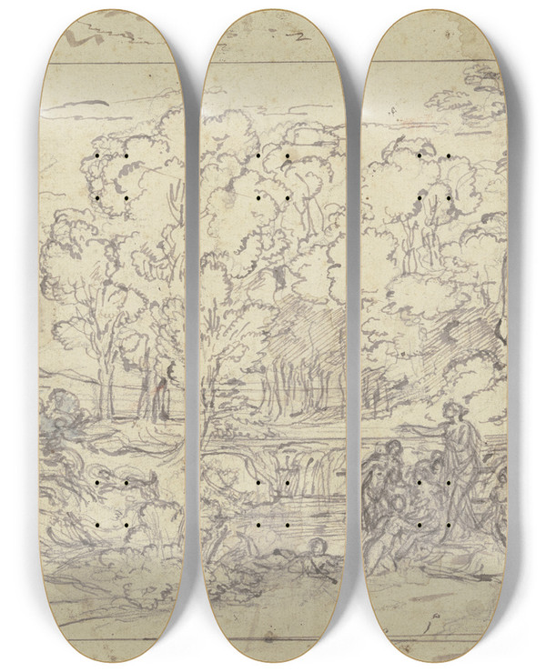 Triptych art skateboard deck of Joseph Anton Koch Landschaft Mit Diana Und Akton_2 by Joseph Anton Koch (1768-1839)