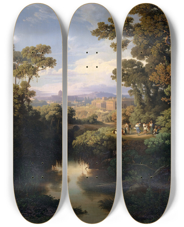 Triptych art skateboard deck of Johann Jakob Frey From The Surroundings Of Rome by Johann Jakob Frey (1813-1865)