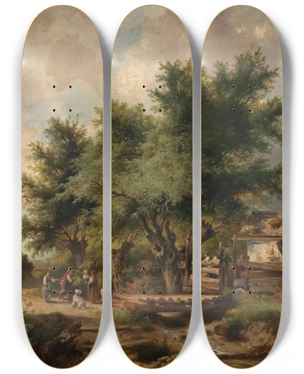 Triptych art skateboard deck of Dominik Schuhfried Returning From The Hay Harvest by Dominik Schuhfried (1810-1877)