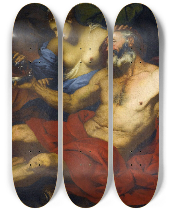 Triptych art skateboard deck of Giovanni Battista Langetti Lot And His Daughters by Giovanni Battista Langetti (1635-1676)