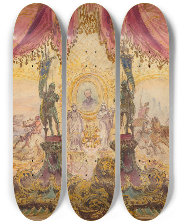 Triptych art skateboard deck of Robert Caney Stage Set With Paintings And Statues by Robert Caney (1847-1911)
